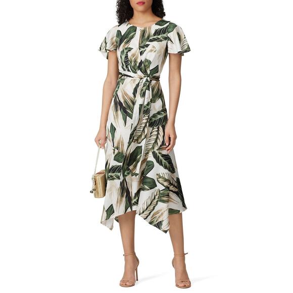 Great Jones Cream Green Tropical Leaf Print Tie Waist Midi Dress Size 8 - Picture 1 of 16
